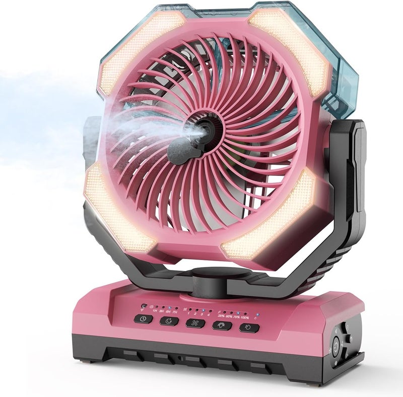 Aopircs Misting Fan - Pink Portable Rechargeable Fan with 9oz Water Tank, Light, Hook - Versatile, 120H MAX Cooling, Last 5H Mist, 4 Speed, Sleep Mode - Outdoor Fans for Camping, Travel, Patios - Image 1